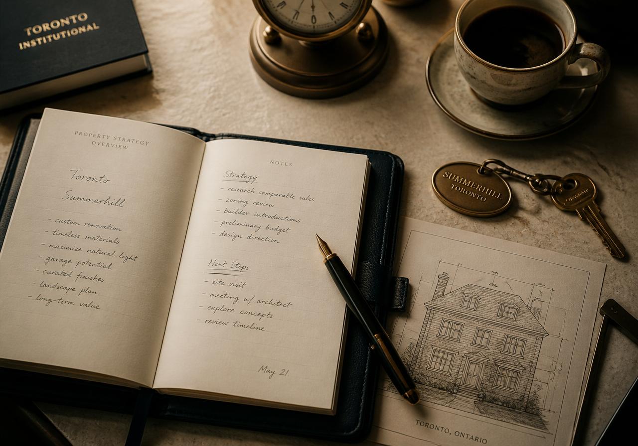 A leather planner with a handwritten property strategy, blueprint of a Toronto home, keys and espresso